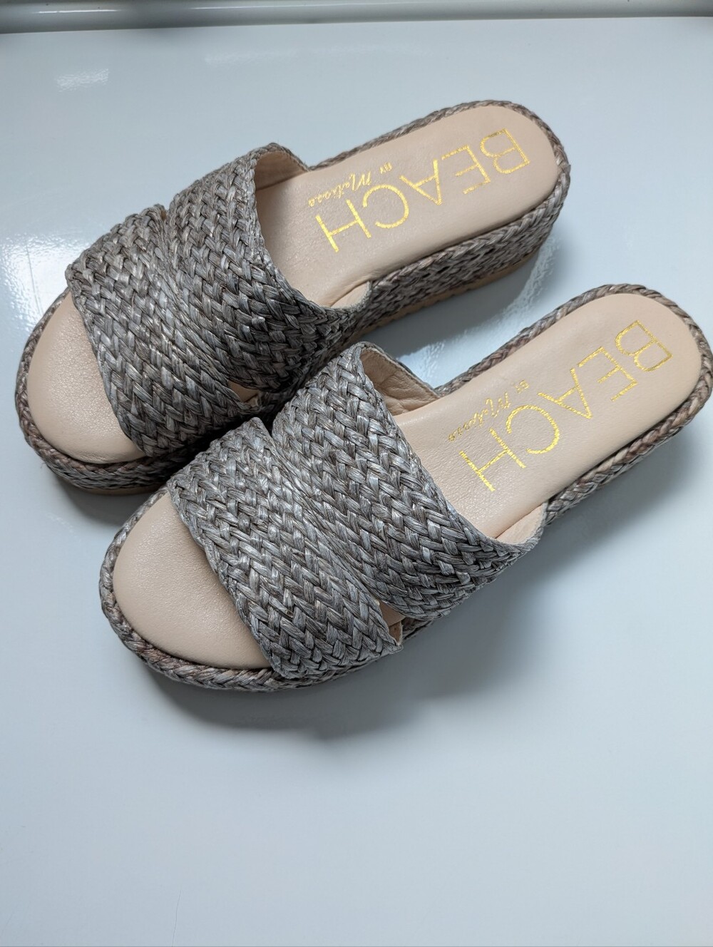 Woven Platform Slide Sandals in Taupe